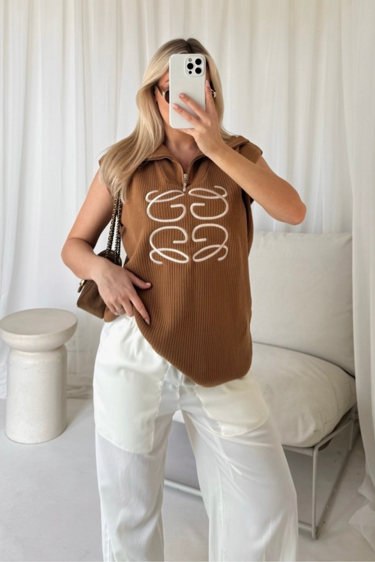 Gege camel embroidered 3/4 zip knit vest