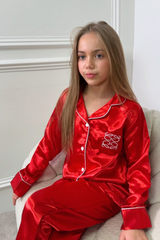 Mini Gege red satin embroidered pyjamas