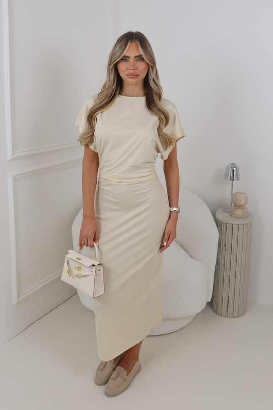 PARIS CREAM GATHERED WAIST MAXI DRESS