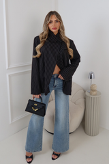 CHER PIN STRIPED BLACK HIGH NECK SHOULDER PADDED BLAZER