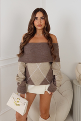 JOSIE TAUPE OFF THE SHOULDER CHECKED JUMPER