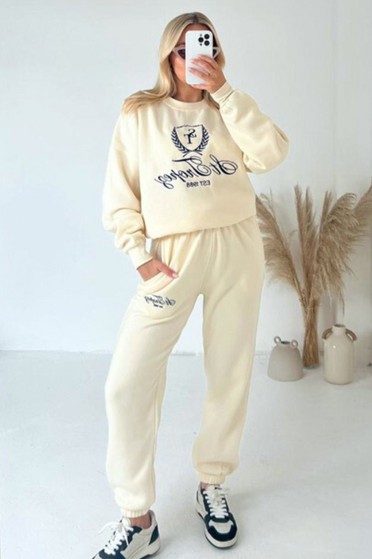 Saint Tropez ecru embroidered sweater jogger premium loungewear set