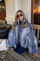 VIENNA NAVY DEER PRINT BALLOON SLEEVE PUFFER JACKET