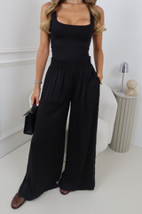 ALMA BLACK SATIN WIDE LEG TROUSERS