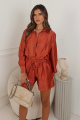 IVY RUST SATIN GEOMETRIC PRINT SHORTS CO ORD TWO PIECE SET