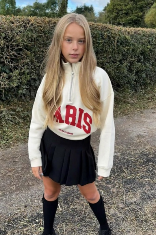 Mini Paris ecru printed 3/4 zip sweater