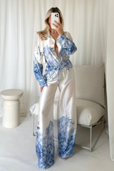 Charlie blue & cream tropical satin shirt and trouser co-ord One Size (6-14) Loungewear cash n carry