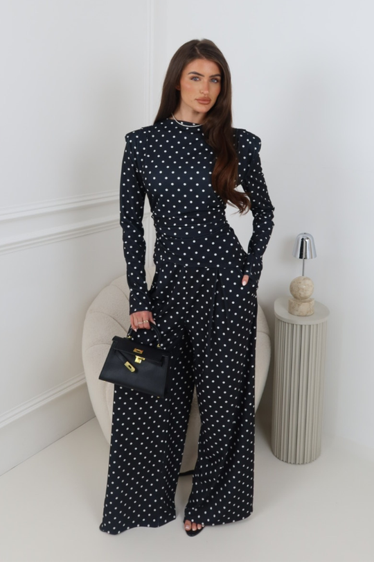 ISLA BLACK POLKA DOT LONG SLEEVE TROUSER CO ORD TWO PIECE SET