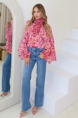 Sasha pink floral print frill shirt