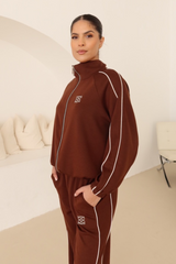 GeGe chocolate contrast piping detail zip jacket & trouser loungewear