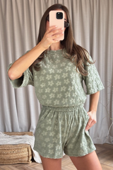 Nadine khaki floral towelling t-shirt & shorts co ord One size (6-10) co-ord
