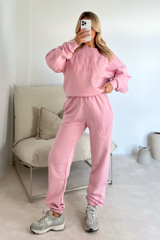 Take it easy baby pink embroidered sweater joggers premium loungewear