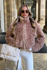 SKYLA BEIGE DEER PRINT FUR ZIP UP BOMBER JACKET