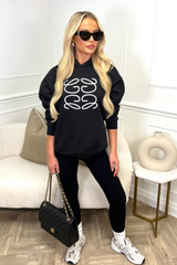 Gege Black Embroidered With White Premium Essential Relaxed Hoodie Hoodie