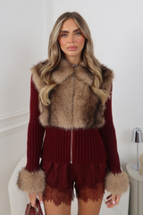 ARIANA BURGUNDY KNITTED ZIP UP CARDIGAN WITH FUR COLLAR