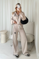 G monogram beige contrast piping zip sweater & trousers