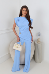 CLAIR BLUE RUCHED SHOULDER PADDED TOP AND PANTS CO ORD TWO PIECE SET