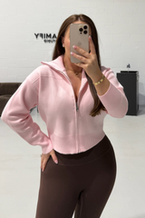 MANDY BABY PINK FULL ZIP RIBBED HIGH NECK CARDIGAN