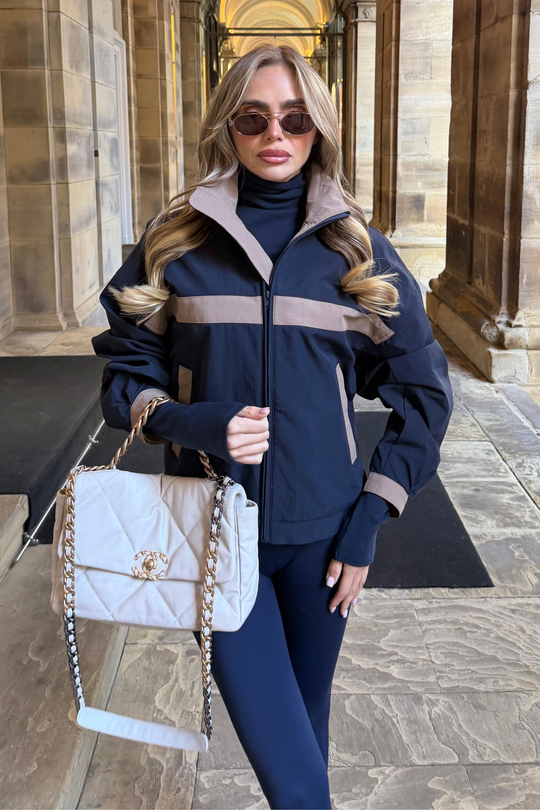 ASHLEY NAVY AND BEIGE CONTRAST ZIP UP JACKET