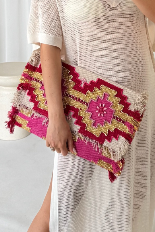 Boho pink beaded oversized clutch bag