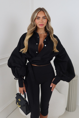 LEILA BLACK CROPPED TIE FRONT BUTTON UP SHIRT