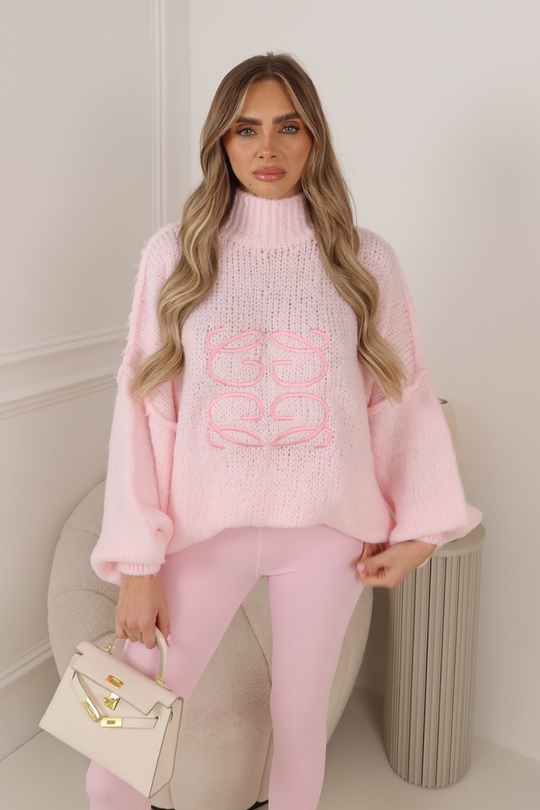 ADELAIDE GLAMIFY EMBROIDERED BABY PINK OVERSIZED KNIT JUMPER