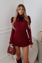 MELISA BURGUNDY BOW LONG SLEEVE HIGH NECK KNITTED TOP