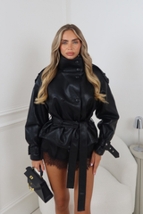 CORA BLACK LEATHER HIGH NECK BELTED JACKET