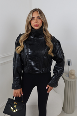 SAINT BLACK SNAKE SKIN EFFECT CROPPED LEATHER JACKET