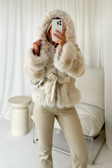 Emelia Cream hooded faux leather Faux fur coat