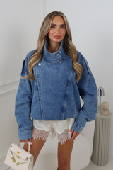 LIVIA BLUE HIGH NECK ZIP UP DENIM JACKET