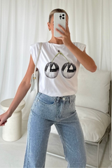 Disco cherry white shoulder pad t-shirt