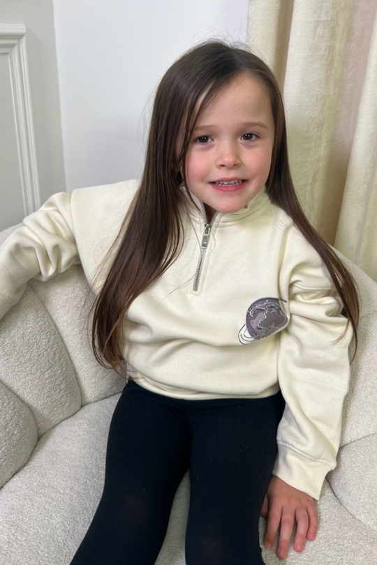 Mini chrome planet ecru printed 3/4 zip sweater