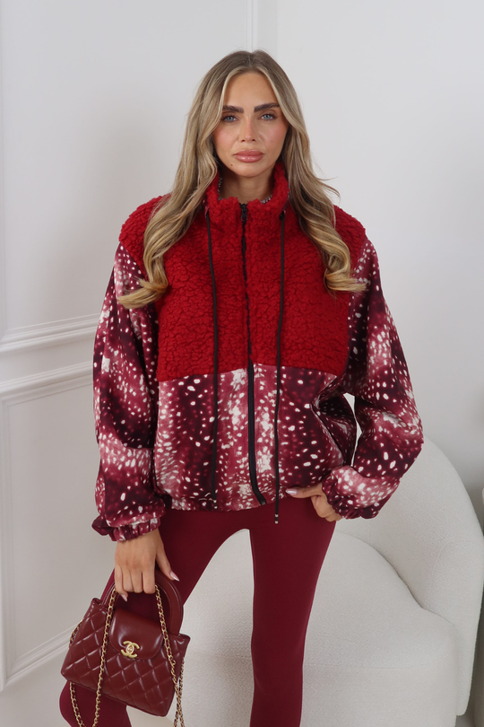 TESSA BURGUNDY DEER PRINT ZIP UP FLEECE