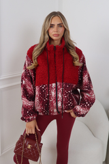 TESSA BURGUNDY DEER PRINT ZIP UP FLEECE