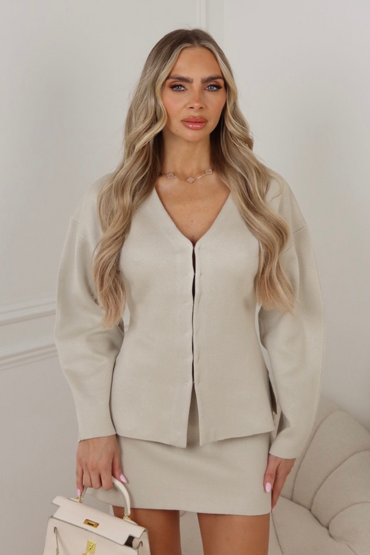 Harper taupe fitted waist knit cardigan and skirt