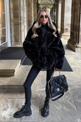 MARKIE BLACK BELTED FAUX FUR HOODED COAT