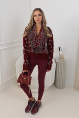JENNA BURGUNDY BANDANA PRINT KNIT TASSEL CARDIGAN