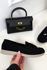 LAURA BLACK FAUX SUED GOLD TASSLE LOAFER