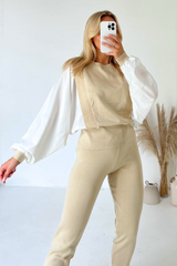 Georgia Beige Poplin Sleeve Knitted Loungewear Loungewear Cash N Carry