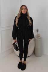 LUCINDER BLACK BELTED PUFF SLEEVE HIGH NECK JACKET