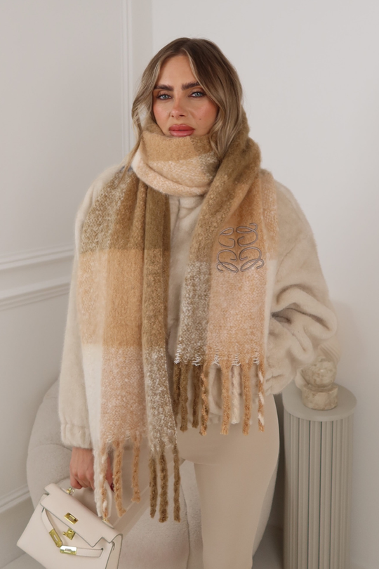 GLAMIFY EMBROIDERED BEIGE PATCH WORK SCARF
