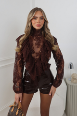 ANASTASIA CHOCOLATE LACE HIGH NECK LONG SLEEVE CROPPED BLOUSE