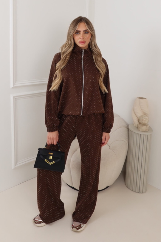 RHODA CHOCOLATE SEQUIN ZIP JACKET TROUSER CO-ORD