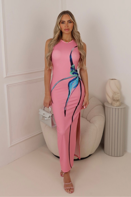 Miley pink floral printed fitted maxi dress