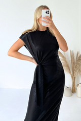 Vivian black metallic side tie midi dress