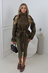 CORA KHAKI LEATHER HIGH NECK BELTED JACKET