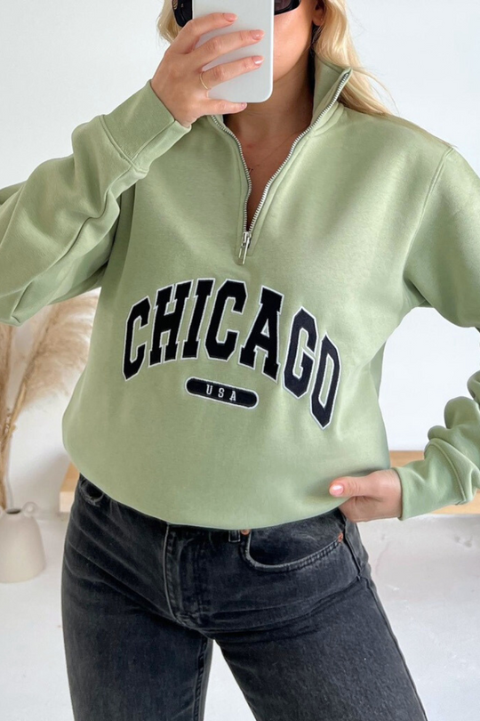 Chicago sage embroidered 3/4 zip sweater