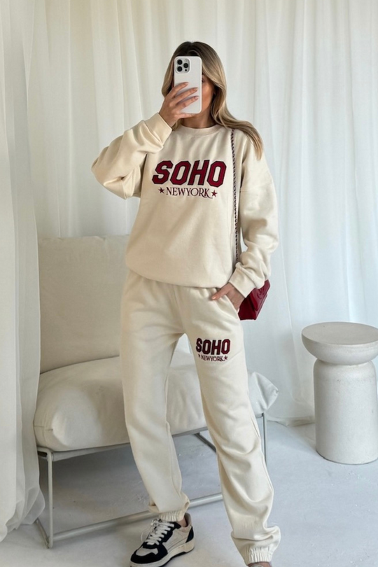 Soho ecru embroidered sweater joggers loungewear