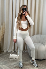 Mia cream ribbed crop leggings activewear set